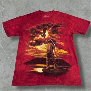 Red Native American Tie Dye The Mountain T-shirt with Eagle Nature Scene - Large